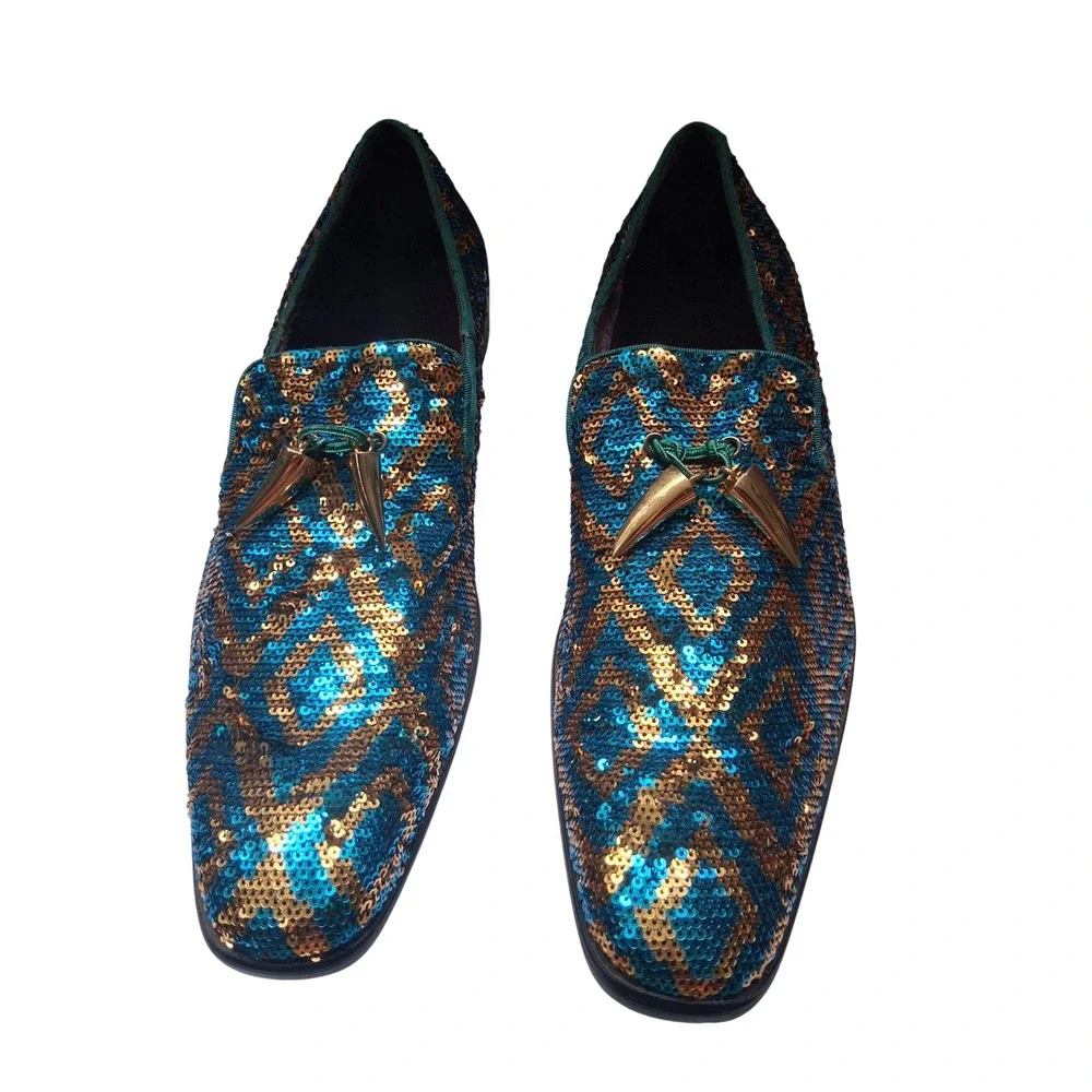 Mens Blue Bronze Sequin Geometric Loafers Gold Spike Tassel Formal Dress Shoes